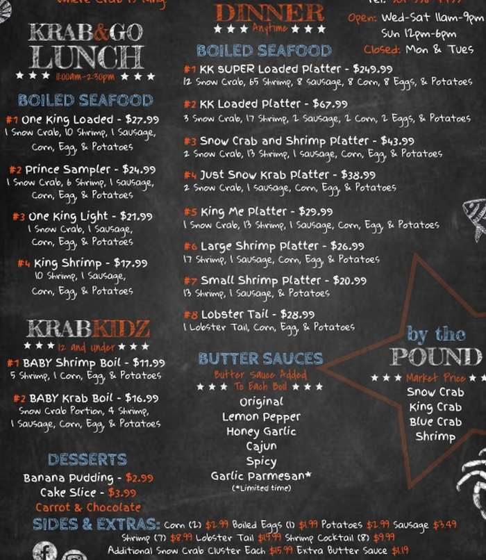 Krab Kingz Seafood Menu, Conway, AR